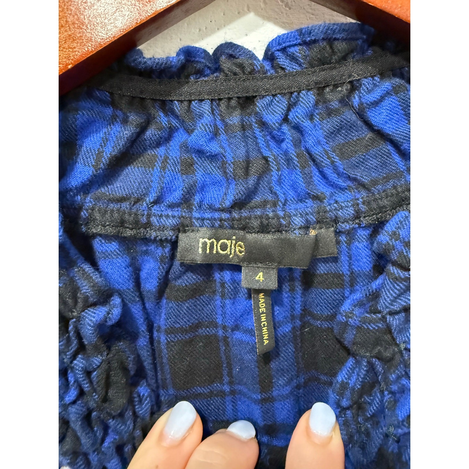 Maje Rivine Plaid A-line Mini Dress Blue Black Check Studded Belt Sz 4 Holiday