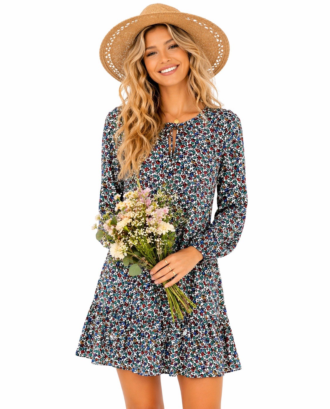 J Crew Long Sleeve Floral Tie Neck Shift Dress White Green Red Blue S boho