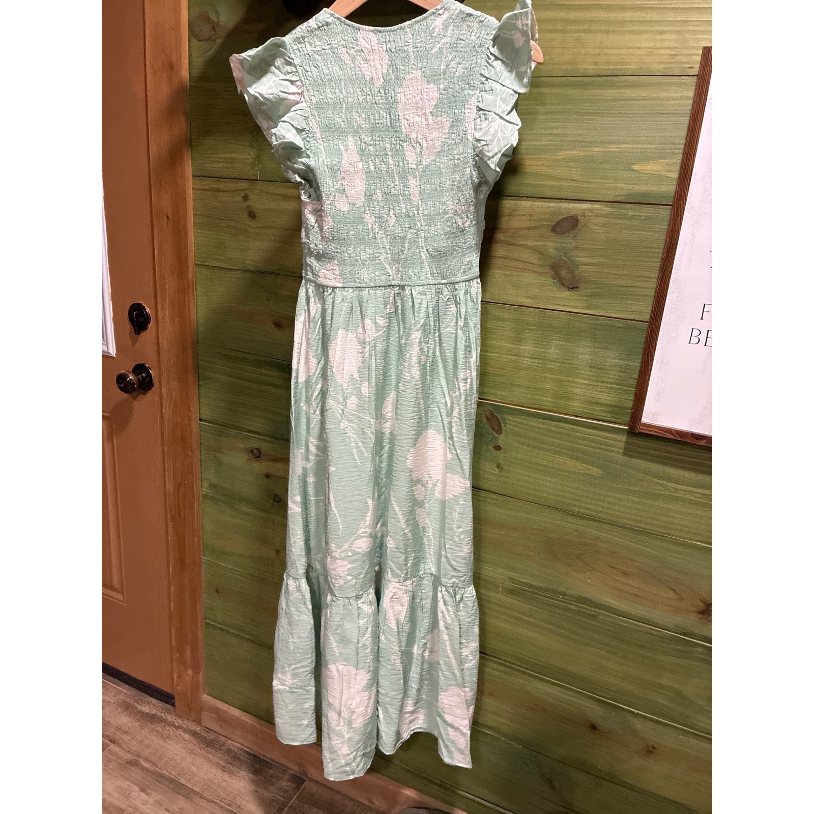 Maison d’Amelie Paris Mint Green Floral Smocked Maxi Dress Ruffle Sleeve XS NEW