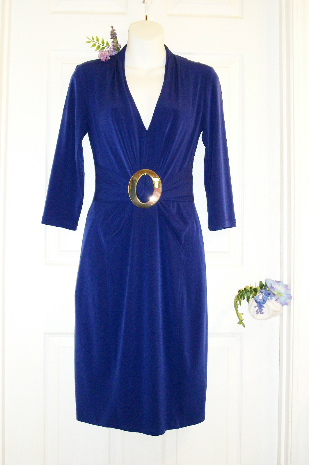 BOSTON PROPER Sz 8 Purple Stretch Dress w/ Gold Buckle Below Knee Length