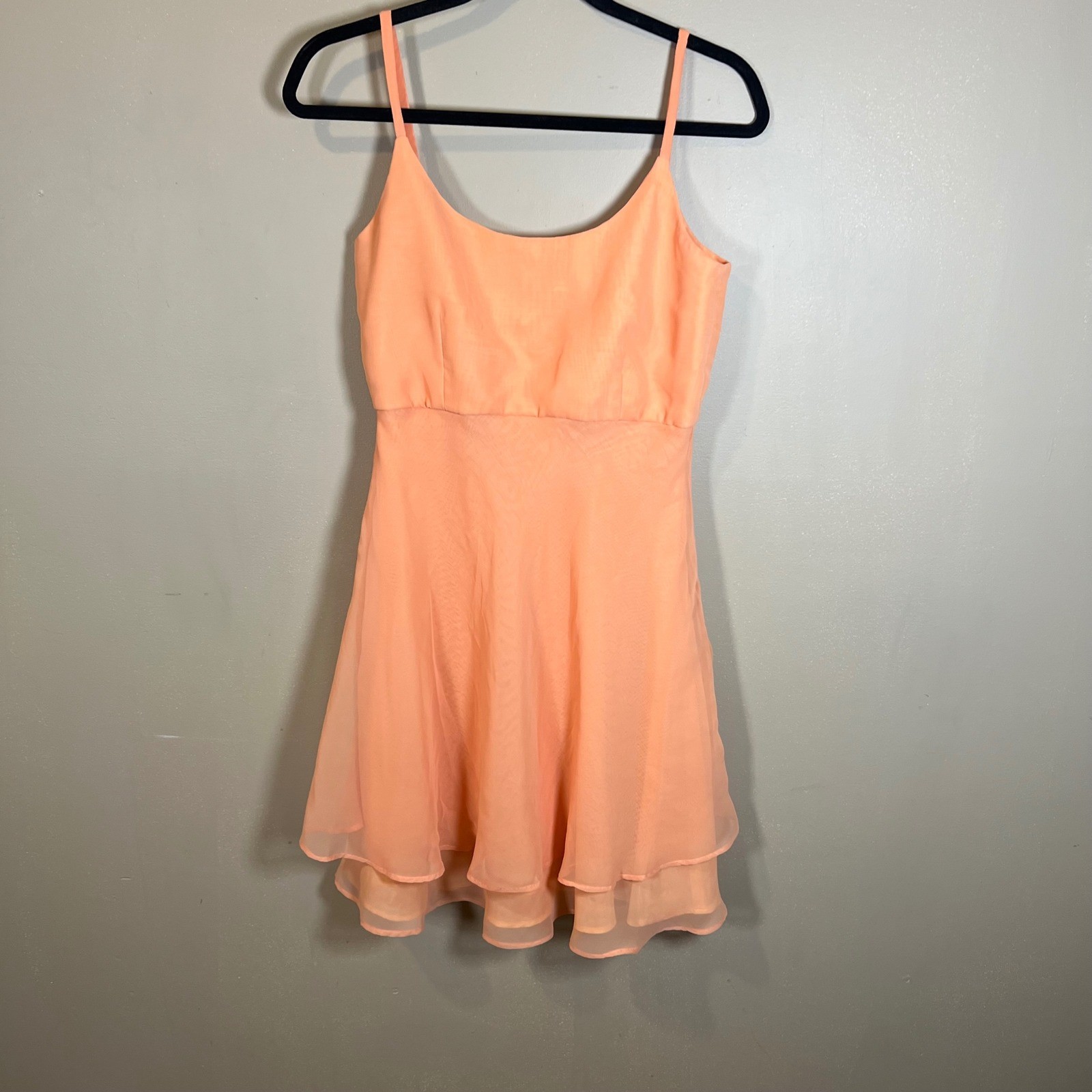 Peach Apricot Chiffon Tiered Mini Dress Sleeveless Cocktail Party Fit Flare