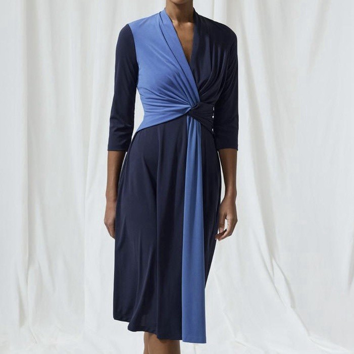 The Fold London Avebury Dress Slate Blue Navy Twist Waist