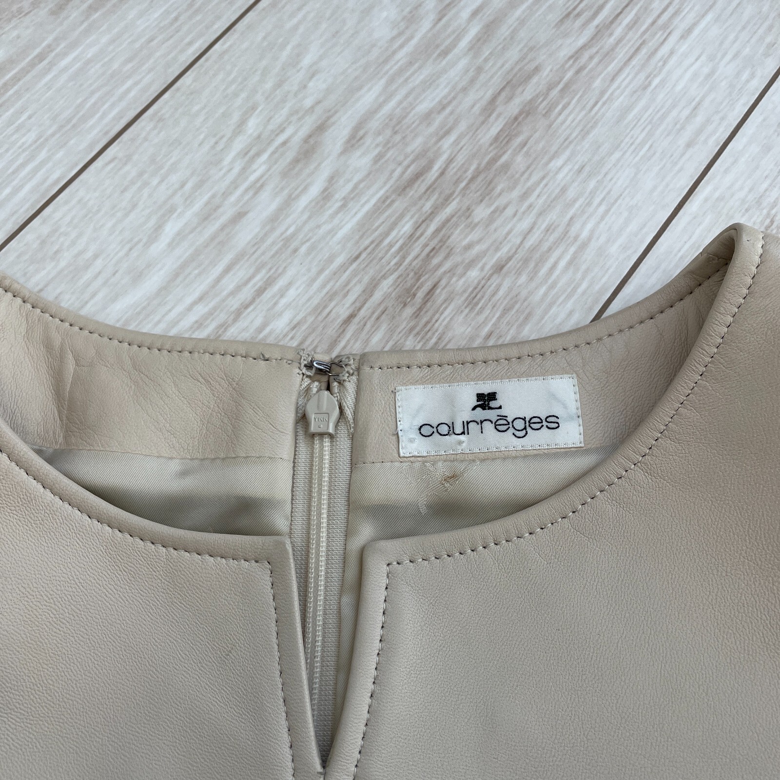 Courreges Sheepskin Lamb Leather Dress Beige Zip Woman Size L US/S-M Japan Rare
