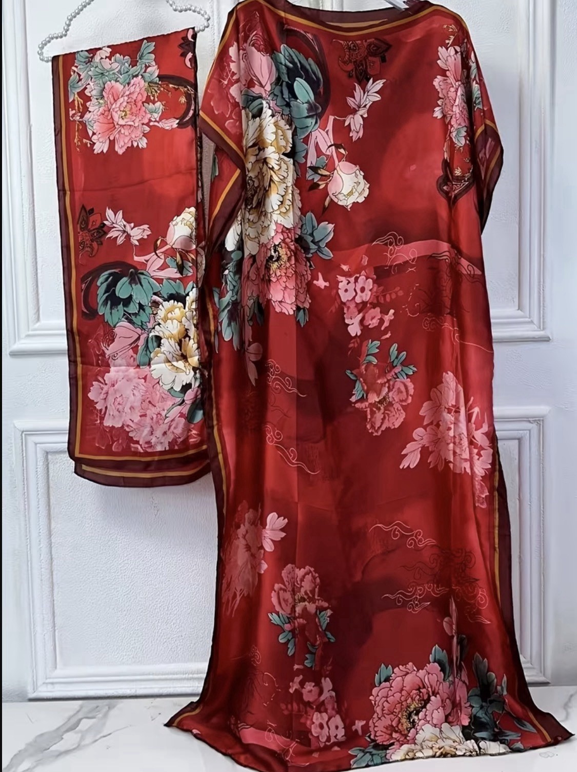 Red/Pink/Green Floral Round Neck Long Sleeve Long Kaftan Dress One Size