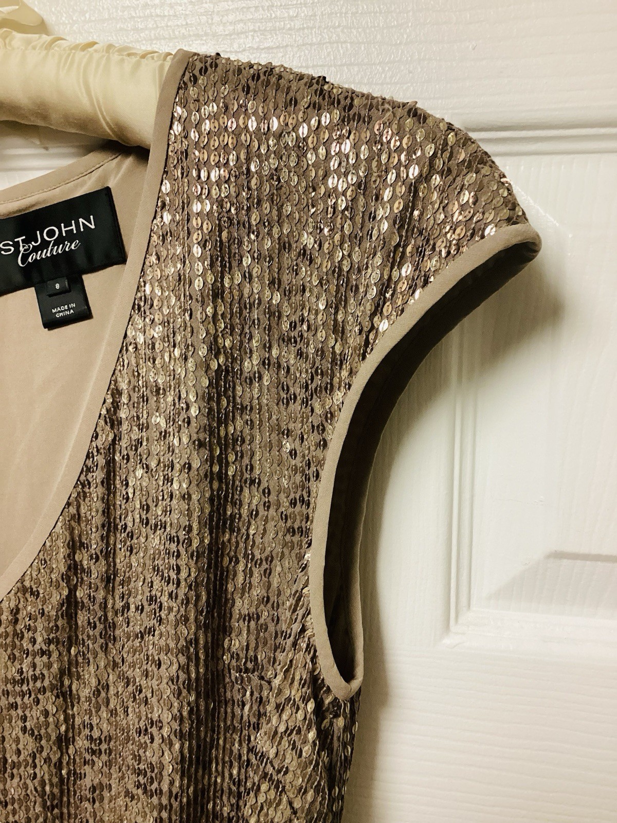 St John Couture Taupe Sequin Silk Belted Shift Dress Evening Sz 8 💛 LOW PRICE