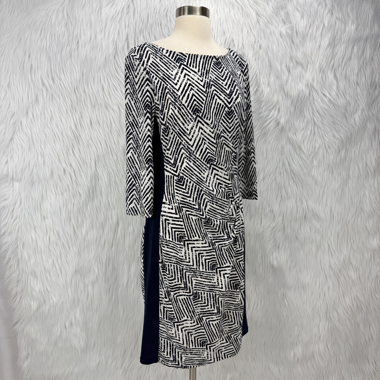Lauren Ralph Lauren Dress Navy White Sz 10 Geometric Print Ruched 3/4 Sleeve