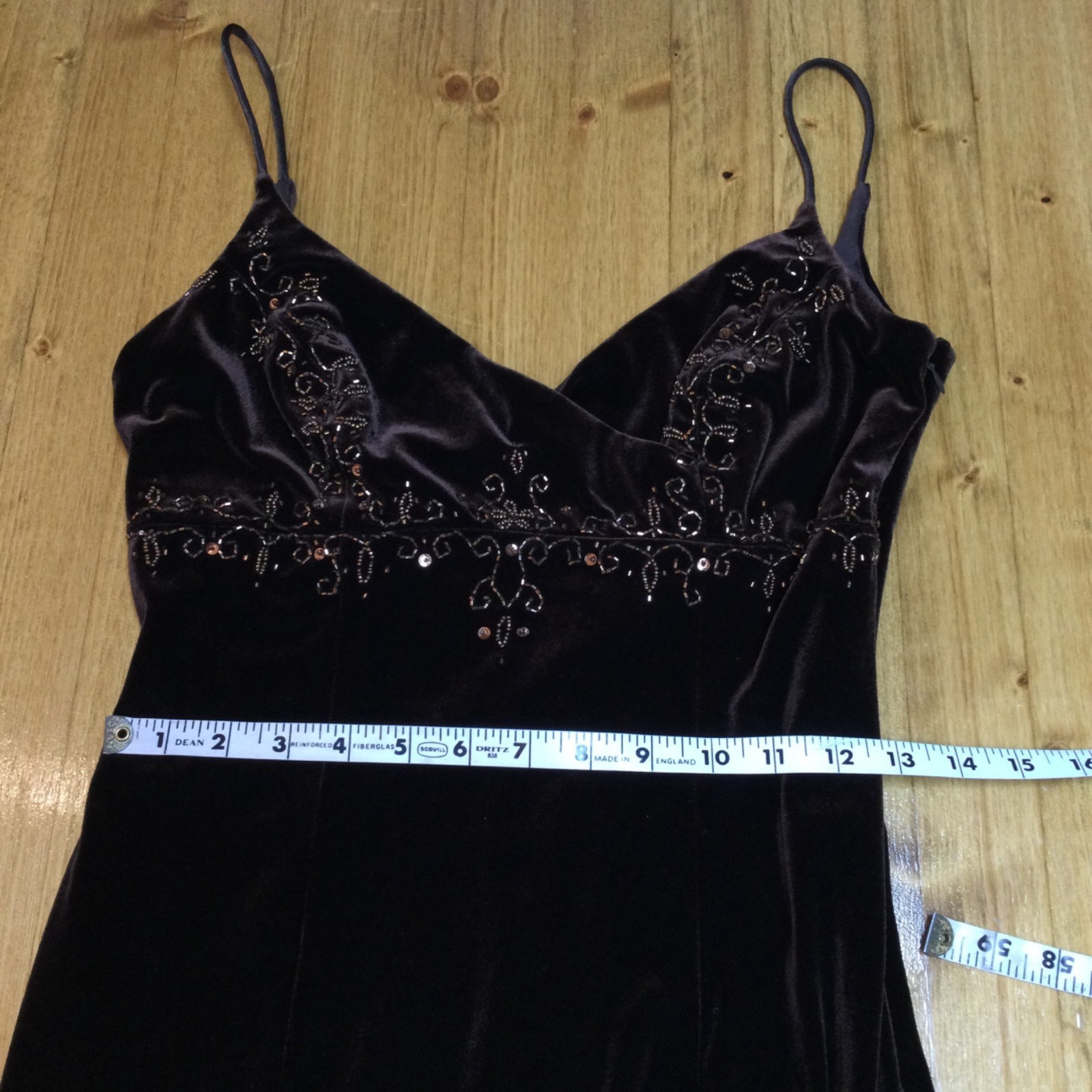 90s Y2K Dave & Johnny Brown Evening Dress 3/4 Beaded Babydoll Spaghetti Strap