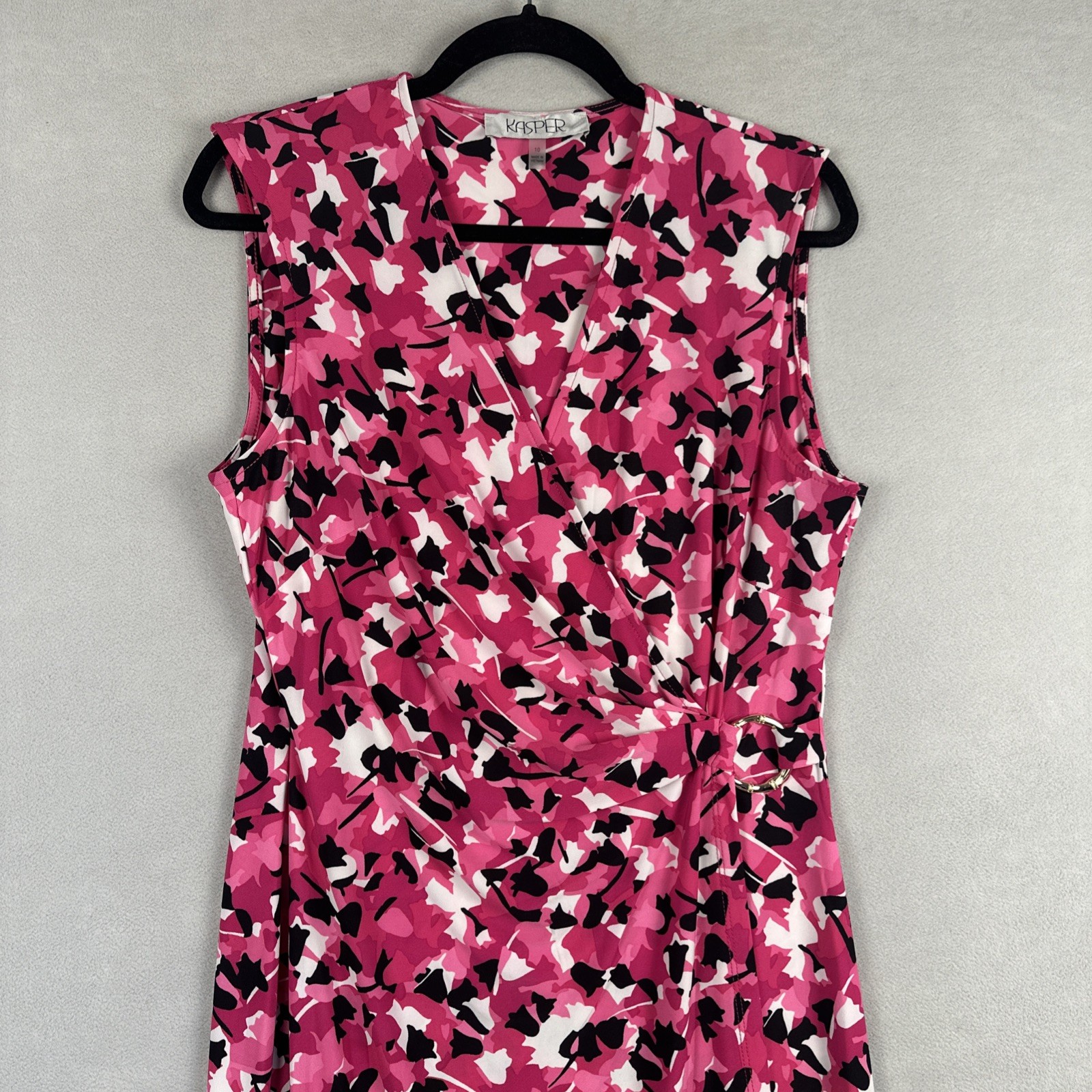 Kasper Faux Wrap Dress Women’s 10 Pink Black Abstract Print Gold HW Ruched Chic