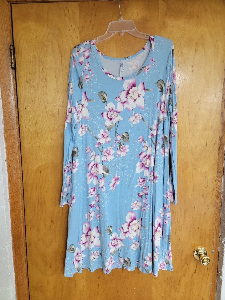 HIMONE~ Blue with Pink Floral Long Sleeve Dress Pockets Size 2XL Stretch EUC