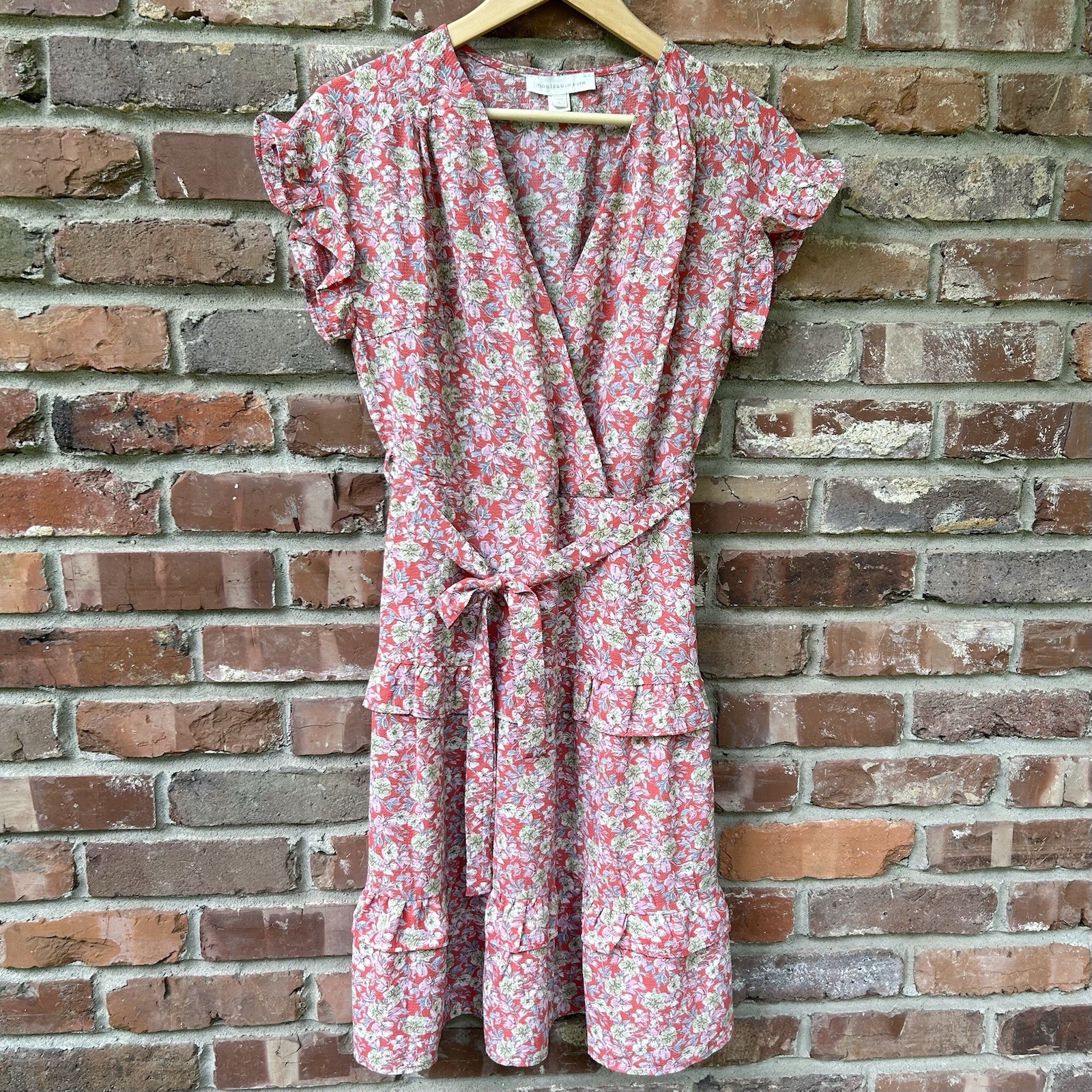 Monteau Los Angeles Mini Dress Ditsy Floral Size Large Crepe Flutter Sleeve Boho
