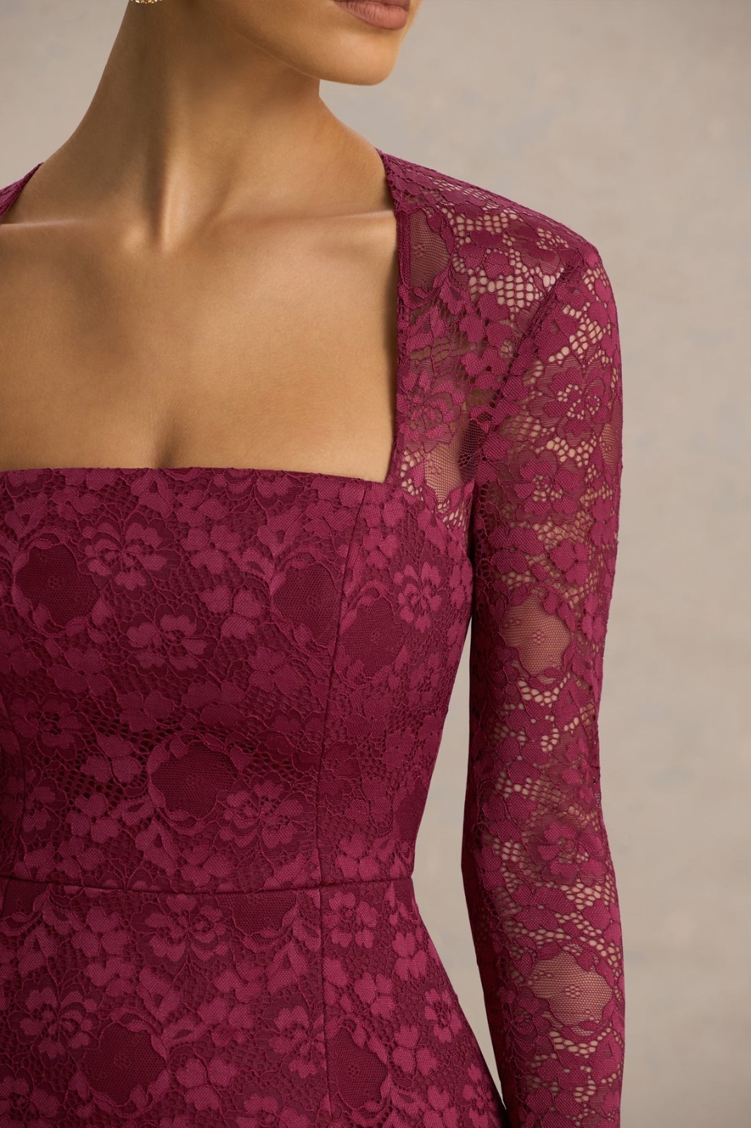 Burgundy Square-Neck Lace Long-Sleeve Mini Dress