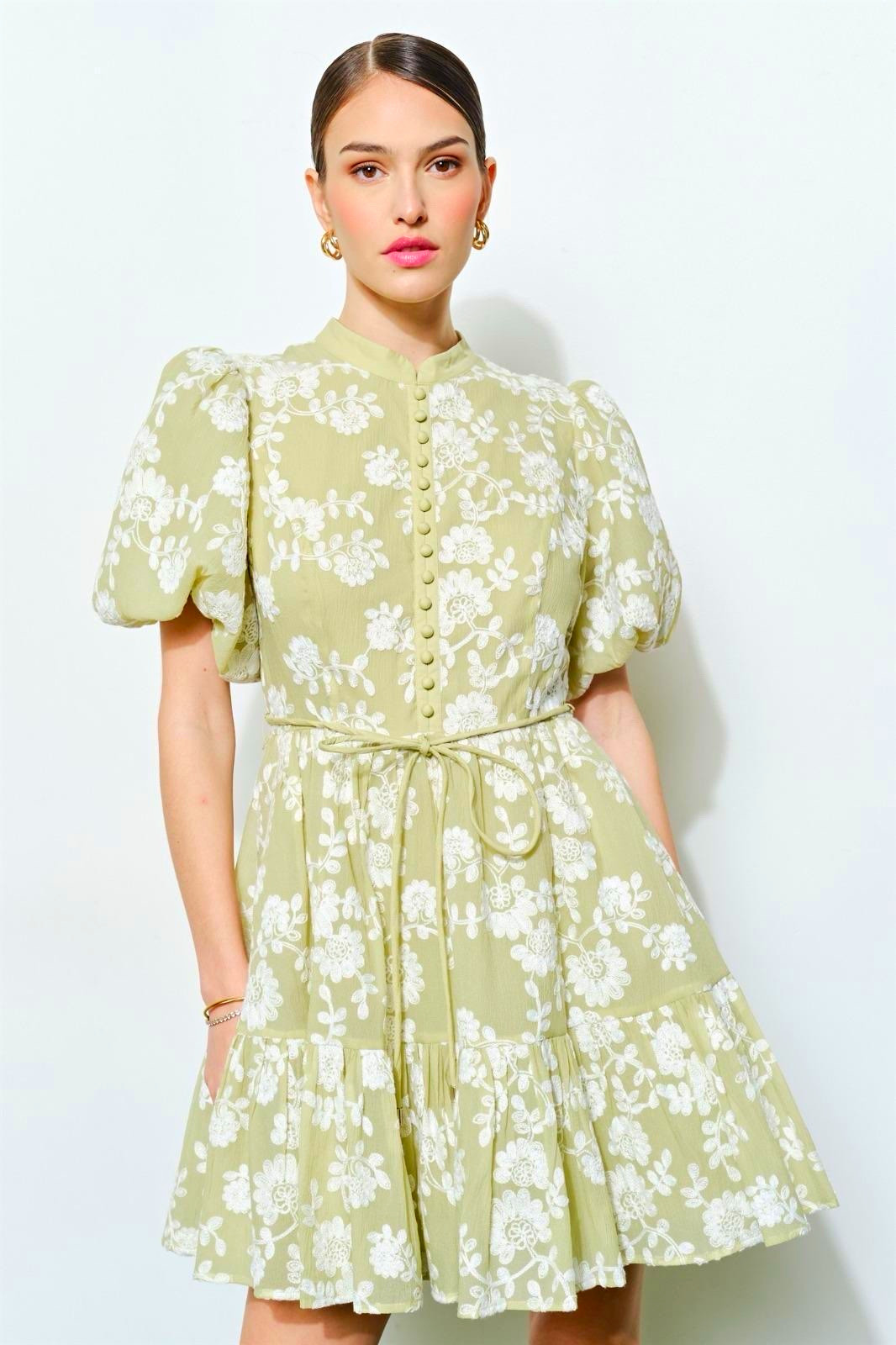 Green White Floral Mini Dress Collared Neck Short Puff Sleeve Button Women’s S