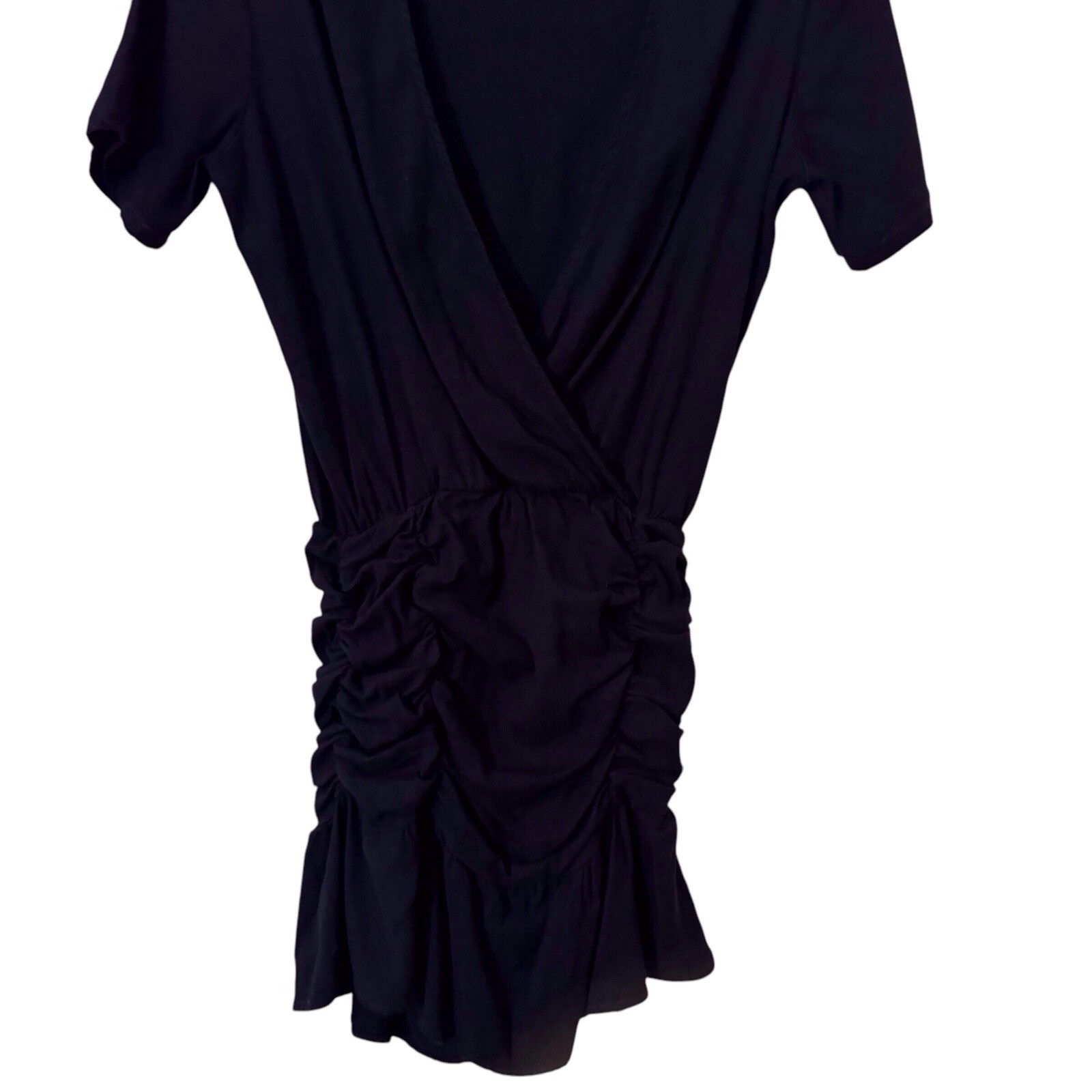 Monrow Size Medium Black Boho Western Ruffled Hem Ruched Woven Wrap Mini Dress