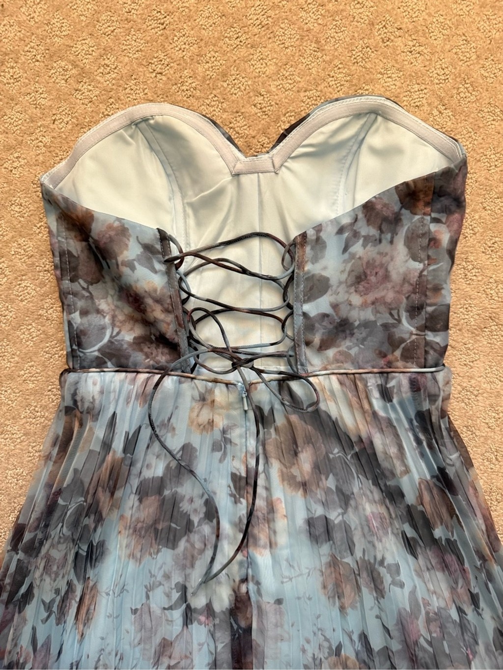 Lulu’s Strapless Blue Floral Pleated Organza Gown Most Beautiful Day Maxi Dress