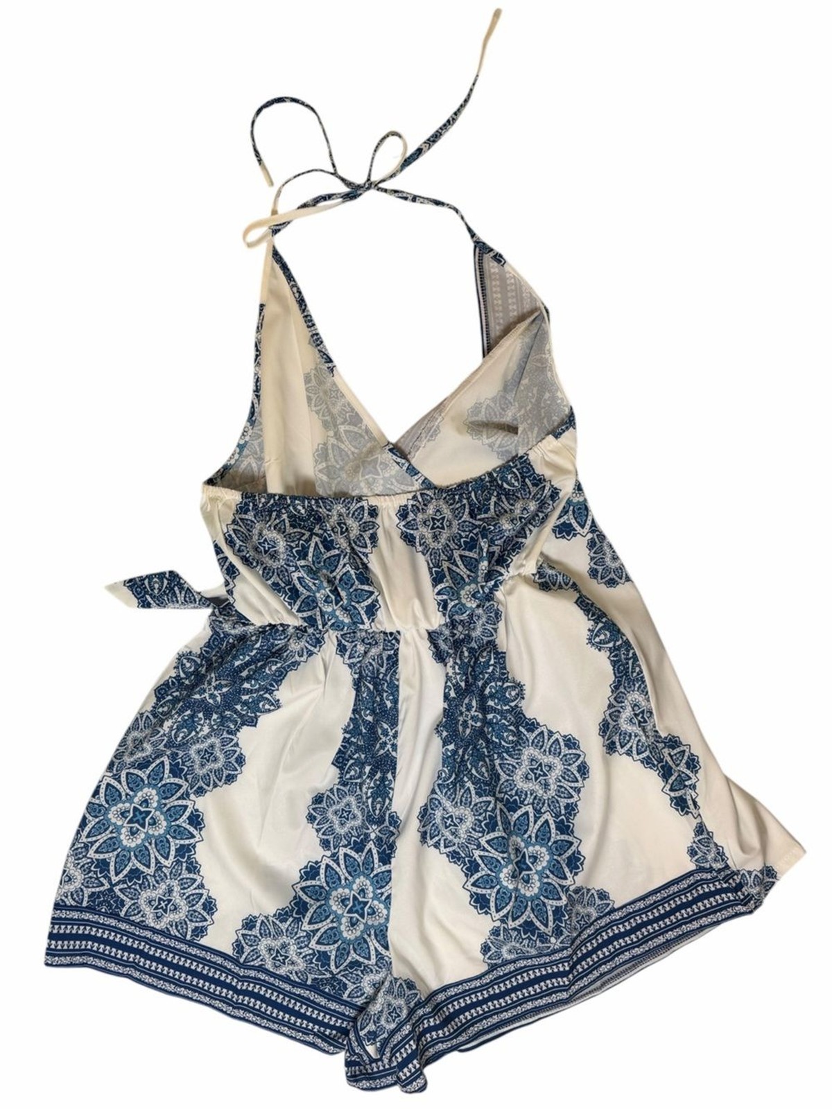 Source Unknown White & Blue Halter Wrap Mini Dress
