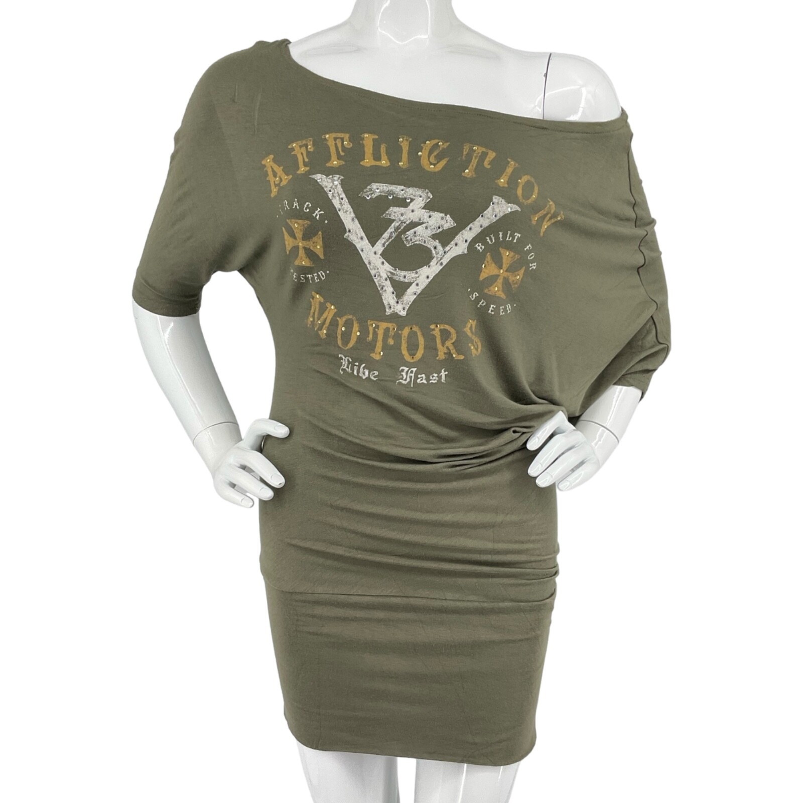 Affliction Dress Women’s Size S Olive Gathered Drop shoulder Black Premium $88