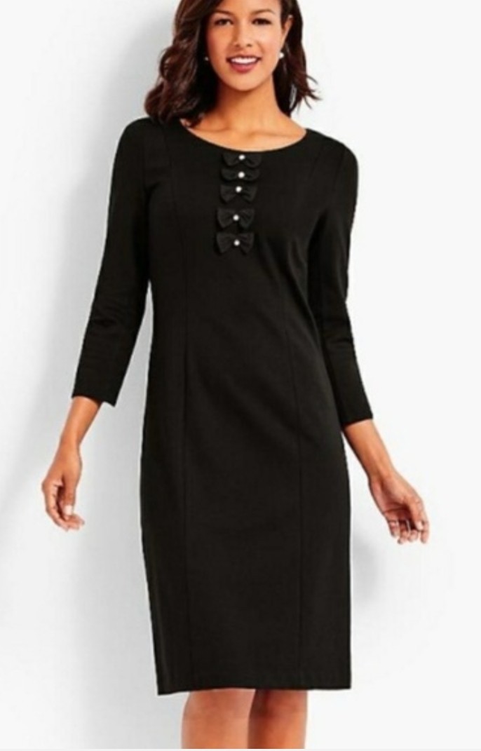 Talbots Dress Womens 10 Black Bow Tie Pearl Button Sheath Whimsygoth Limited Ed