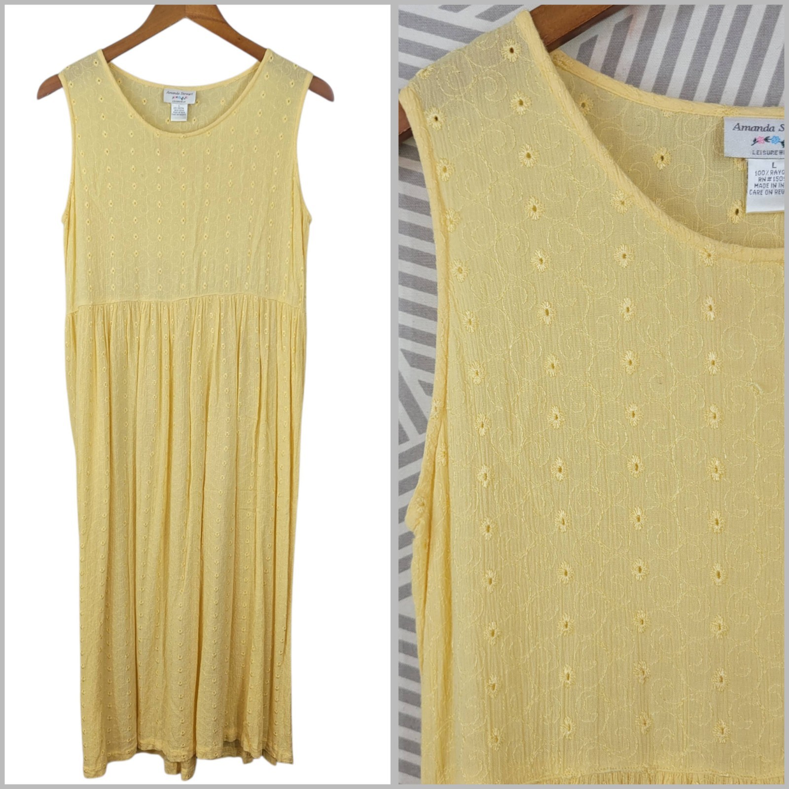 Vintage Amanda Stewart Gauze Maxi Dress Large Lagenlook Long Yellow Eyelet