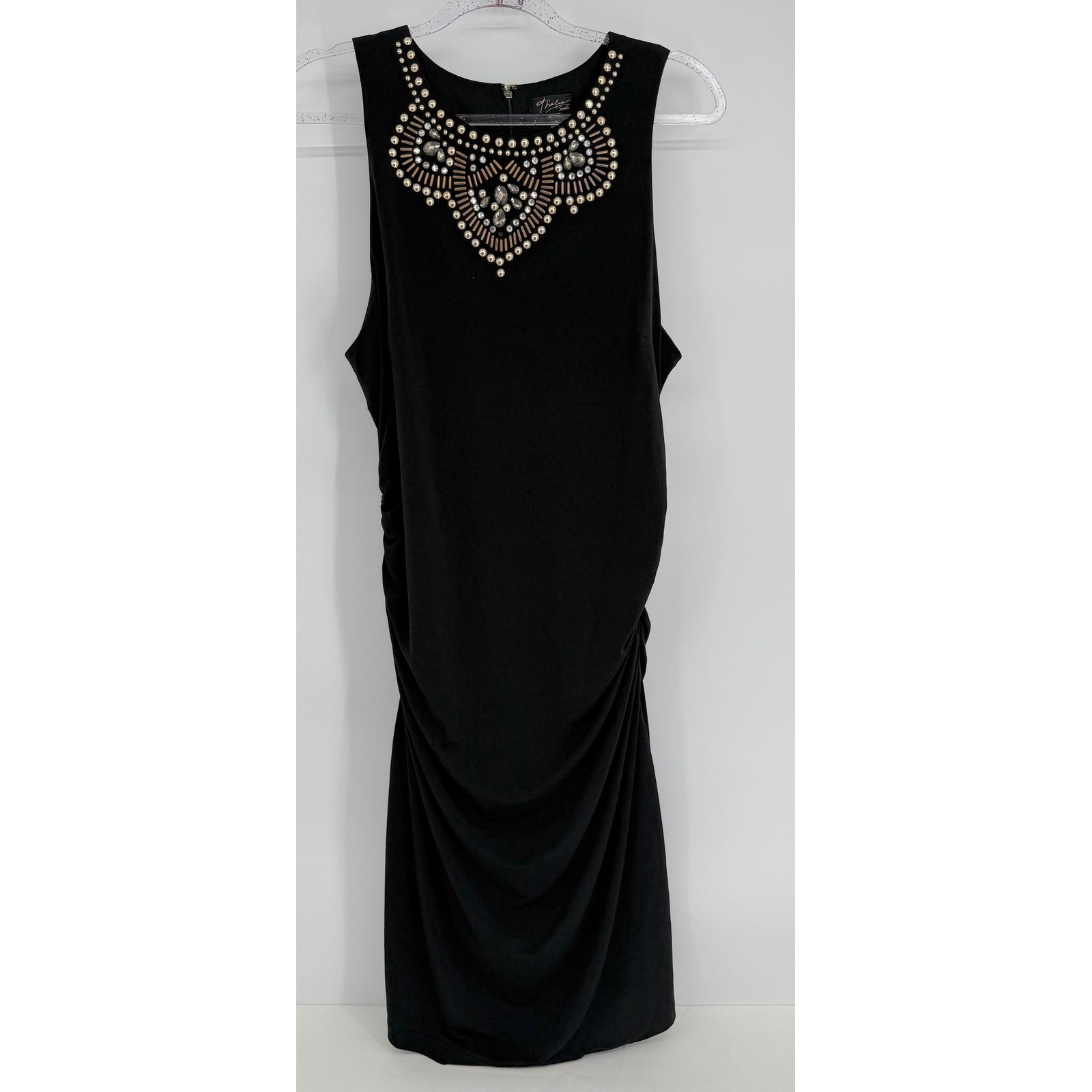 Thalia Sodi Womens Black Beaded Jewel Neck Ruched Sleeveless Sheath Dress Sz XL