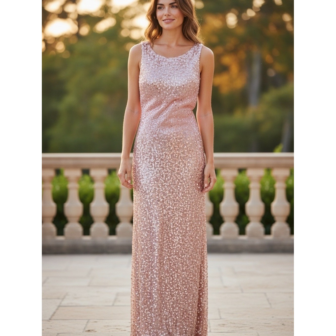 Adrianna Papell women’s Rose Gold Sequin elegant formal Maxi Dress 14W