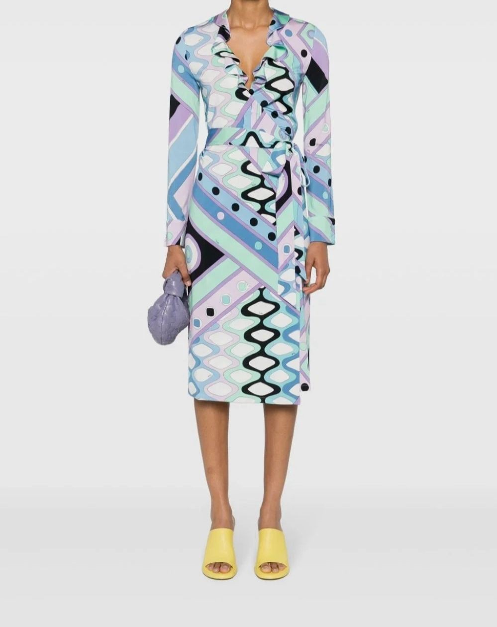 Pucci Women’s Blue Geometric V-Neck Long Sleeve Self-Tie Wrap Dress Size 10