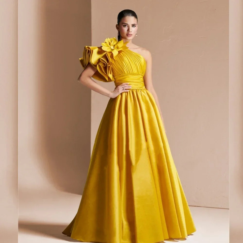 Pleat Draped Flower Ruched A-line One-shoulder Long Dresses Evening Dresses