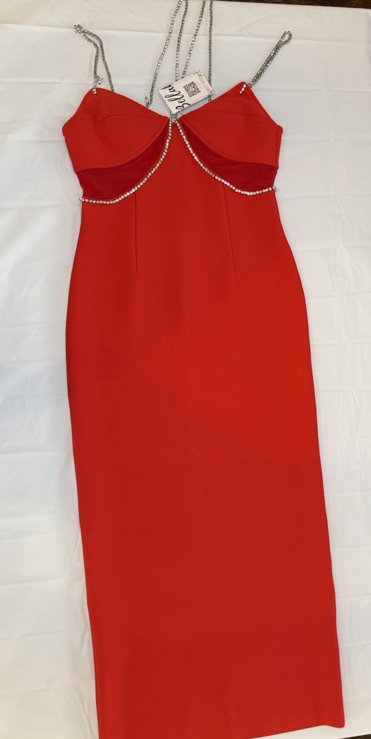 Bella Barnett Red Rhinestone Chain Strap Maxi Dress Sweetheart Neck Polyester L