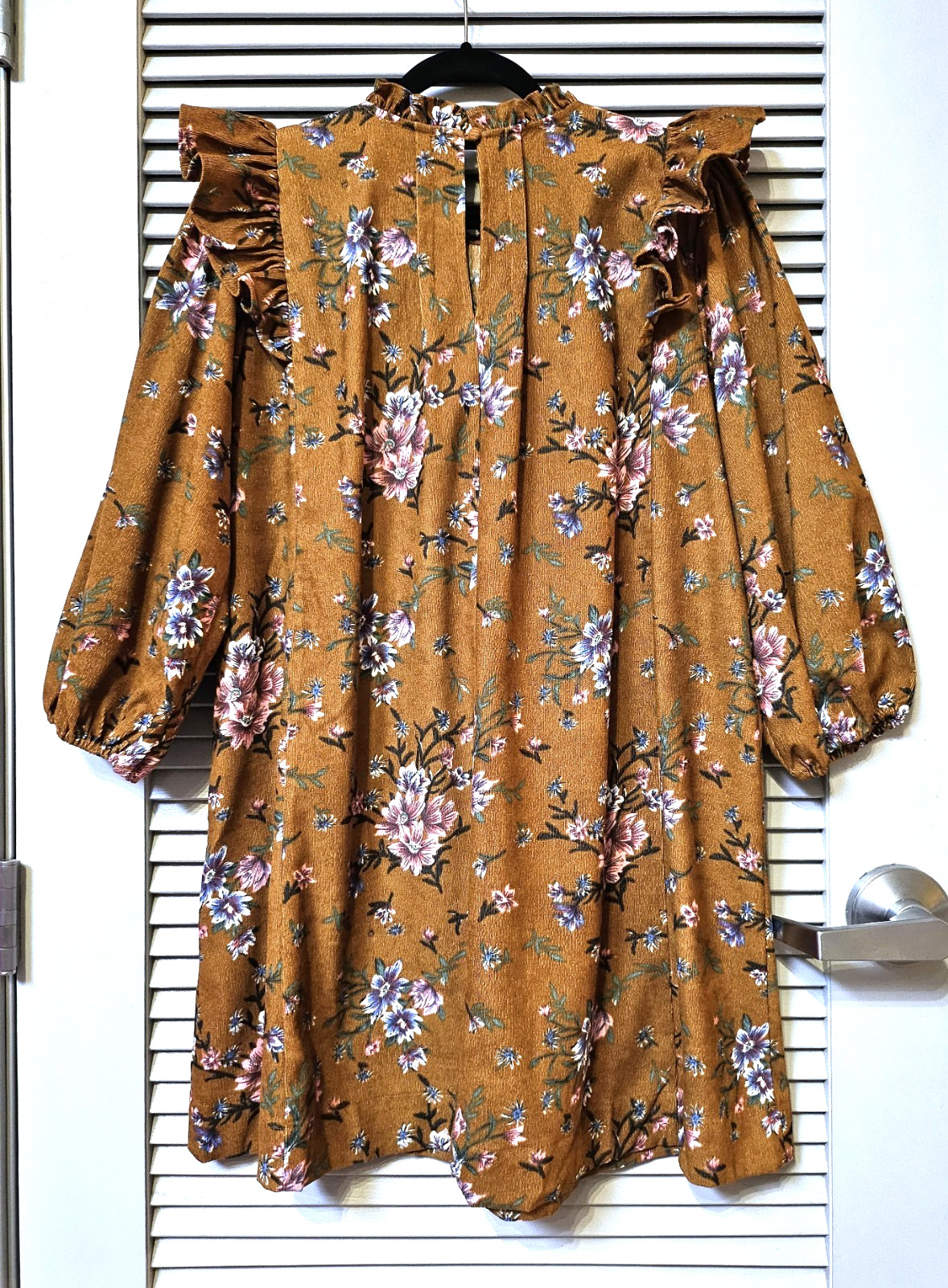 camel corduroy floral pintuck ruffle detail dress L