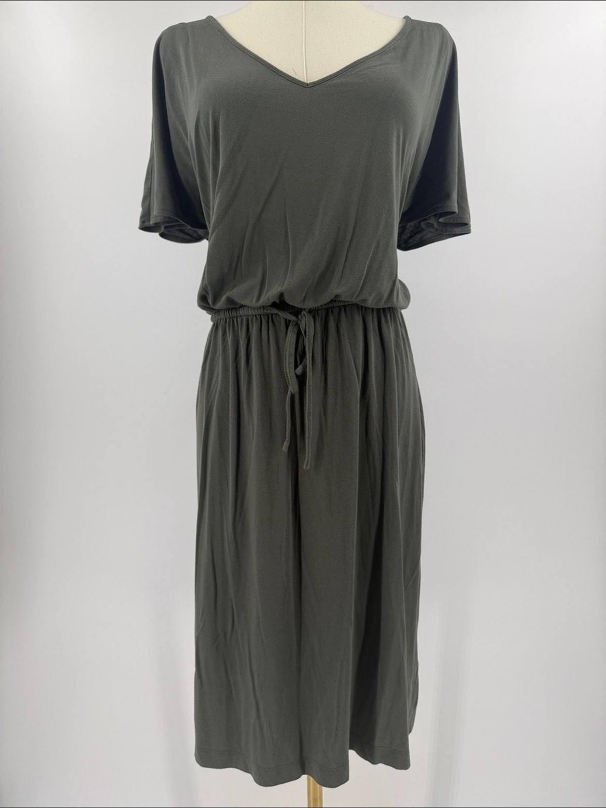 GAP Olive V-Neck Drawstring Midi Dress