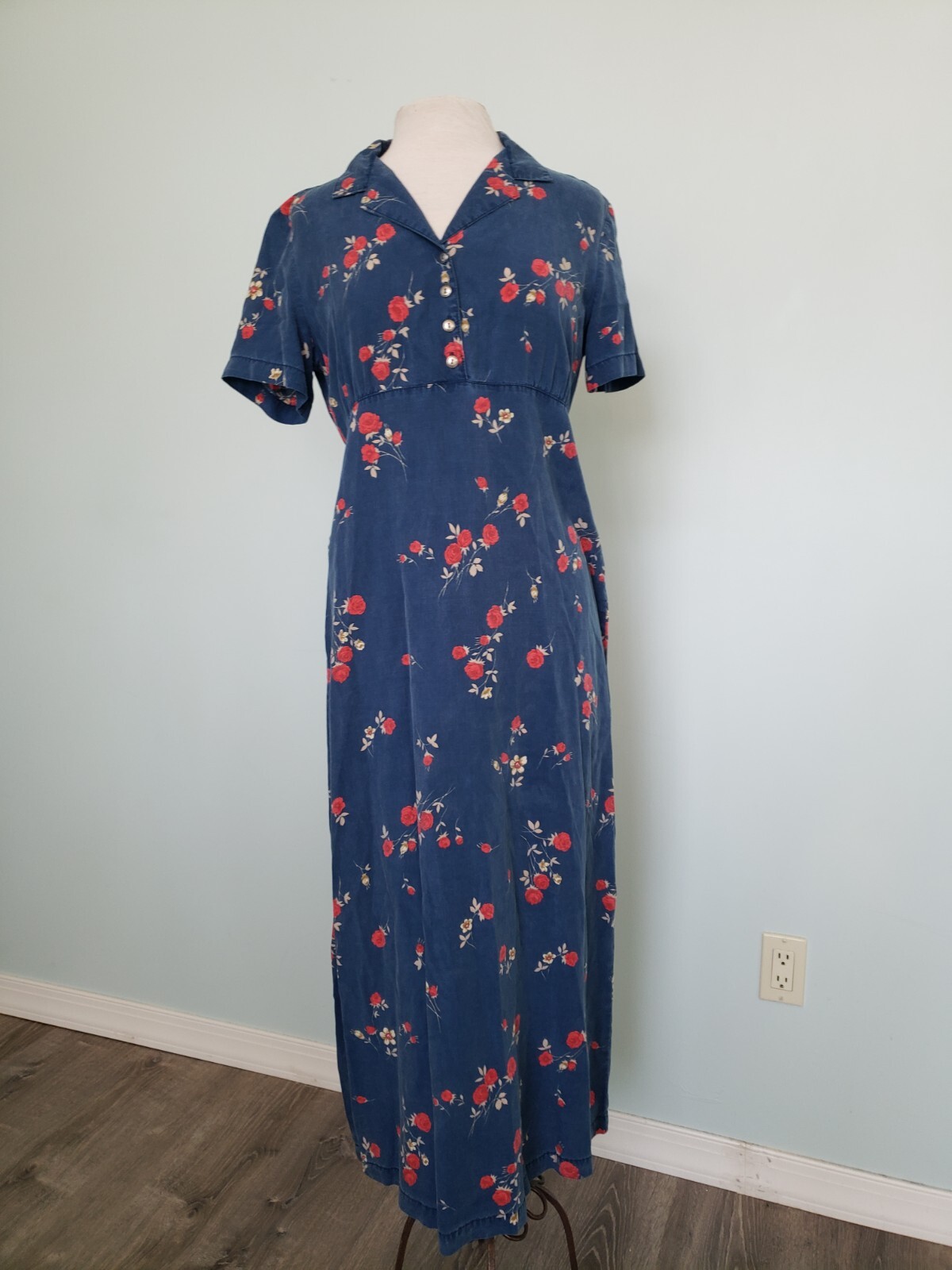 VTG Match USA Women’s 6 Maxi Dress Tencel Floral Modest Blue Prairie Button Neck