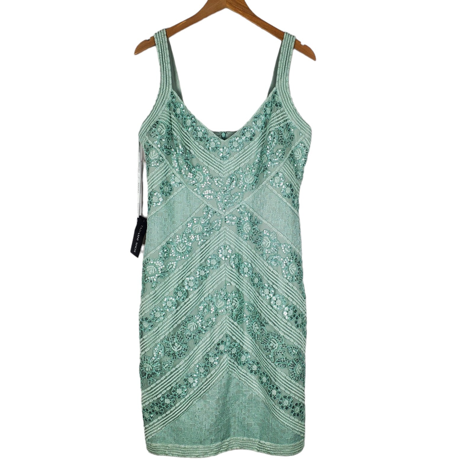 NEW Tadashi Shoji V Neck Sequined Sheath Cocktail Dress Sz 14 Frosted Jade Maia