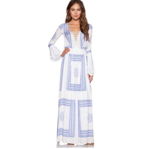 The Jetset Diaries White & Blue Boho Maxi Dress Size S