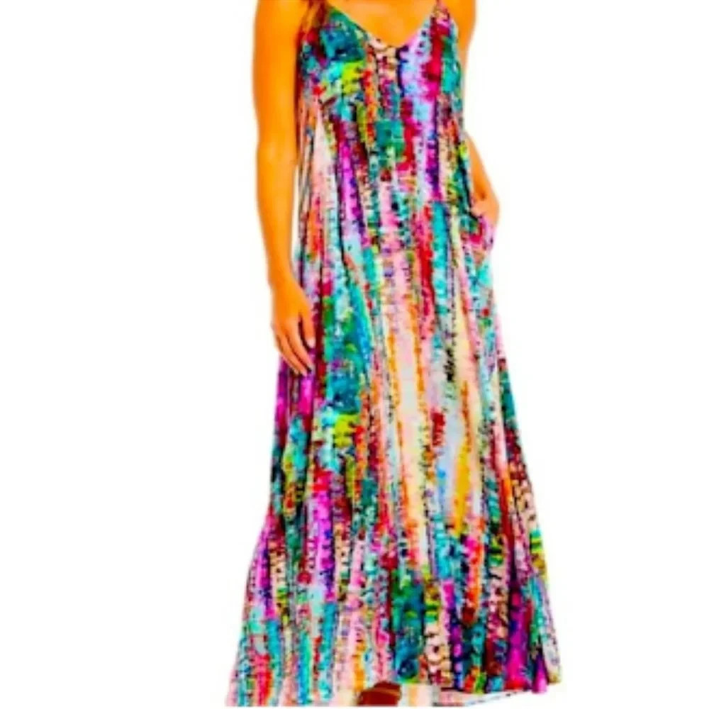 $198 Nicole Miller Watercolor Maxi Dress with Pockets – L