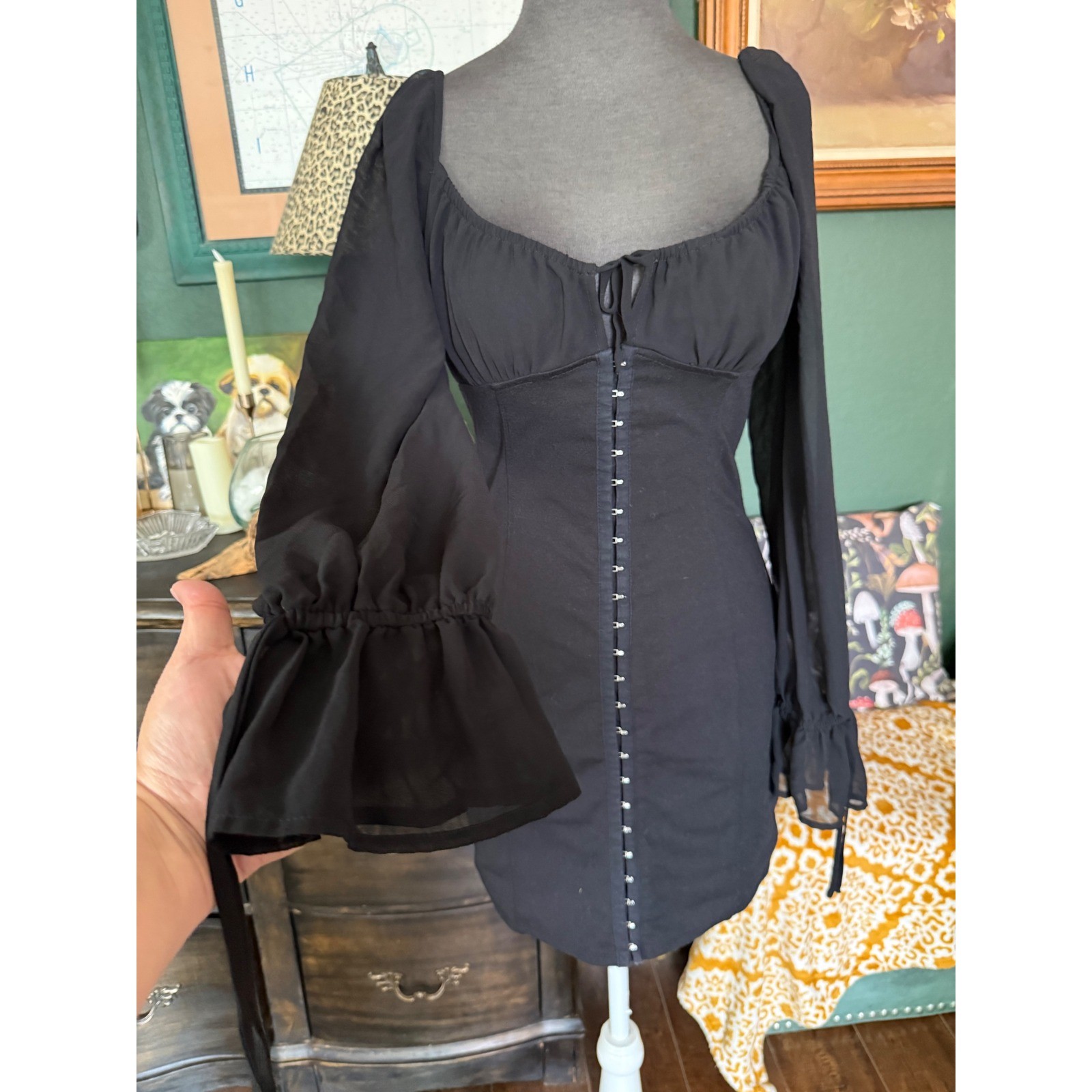Forever 21 Black Hook and Eye Corset Milkmaid Mini Dress Sheer Long Sleeve Large