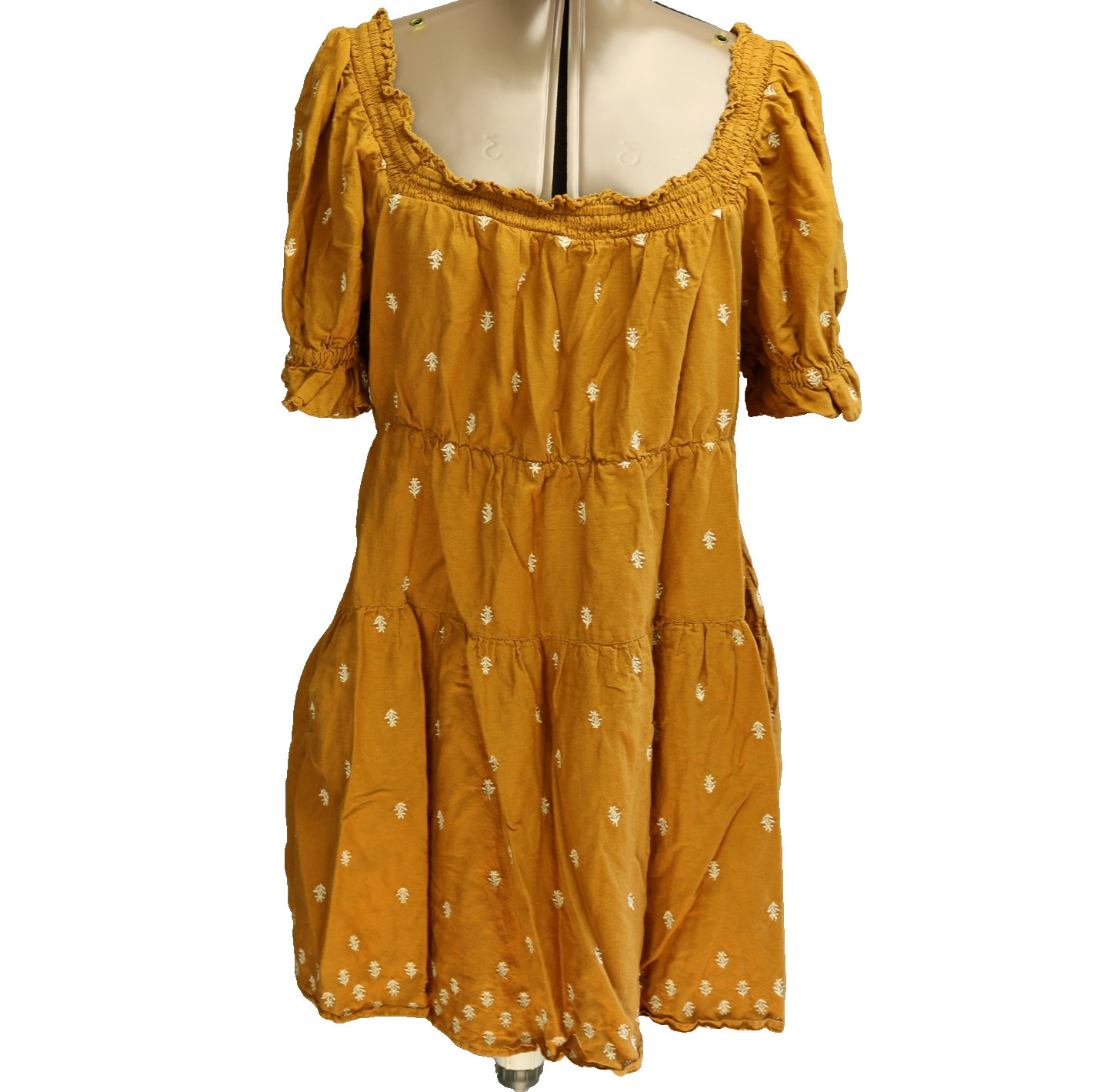 Old Navy Floral Embroidered Smocked Neck Tiered Puff Sleeve Mini Dress Mustard L