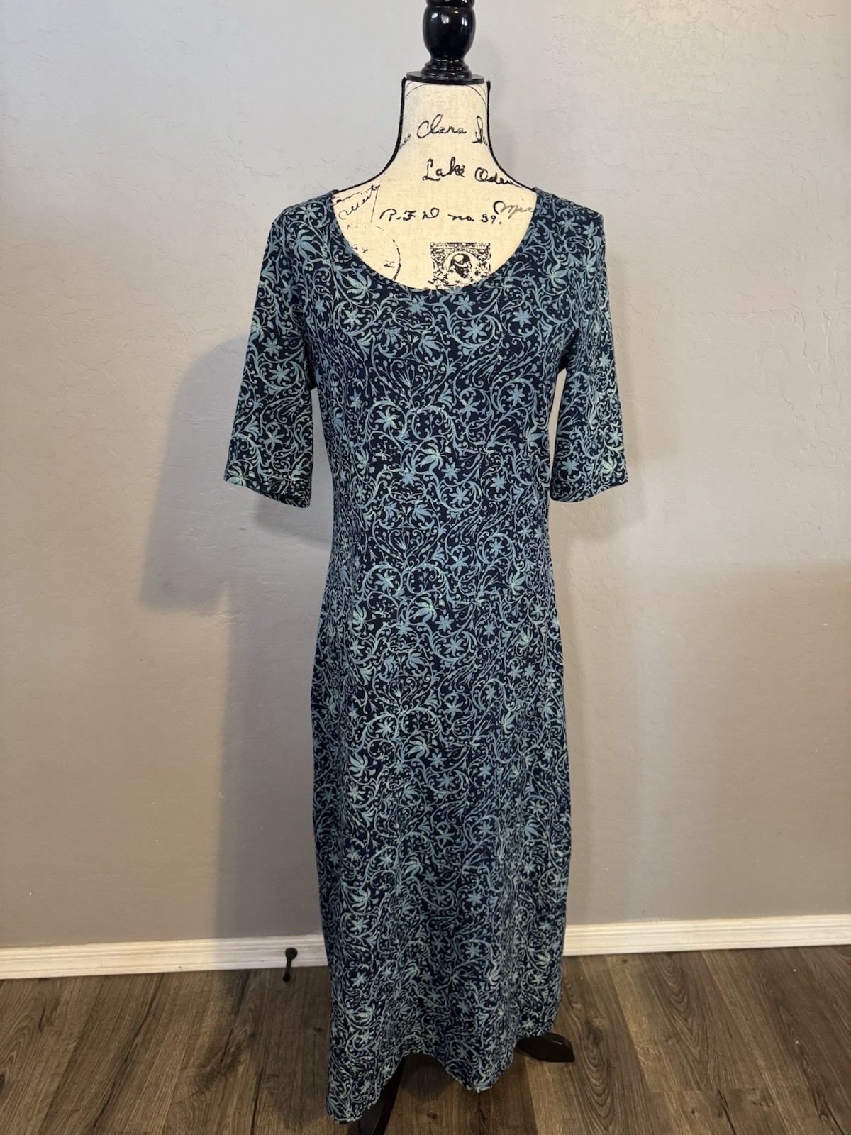 Peruvian Connection Blue Scroll Print Cotton Lycra Midi Dress Size M Stretch