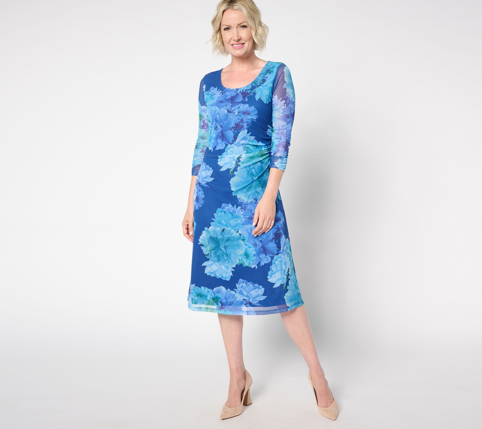 Isaac Mizrahi Live! Women’s Dress Sz XL Printed Mesh -Sleeve Midi Blue A652904