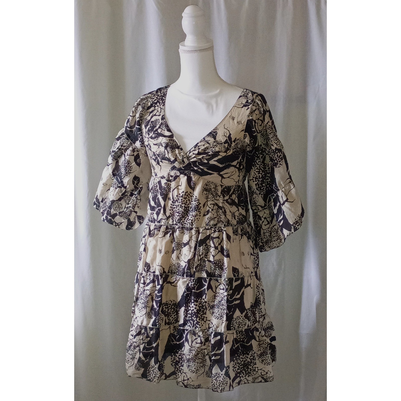 Max Studio XS Cream Black Fairycore Whimsy Floral Mini Dress Puff Sleeve Cotton