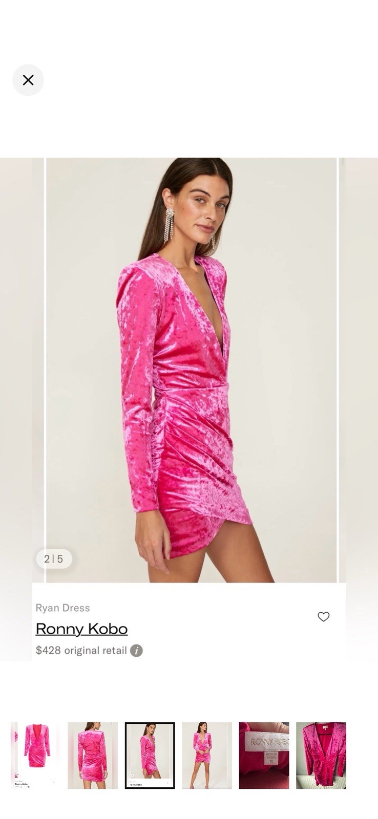 Ronny Kobo Pink V-Neck Long Sleeve Ruched Velvet Bodycon Mini Dress Size S