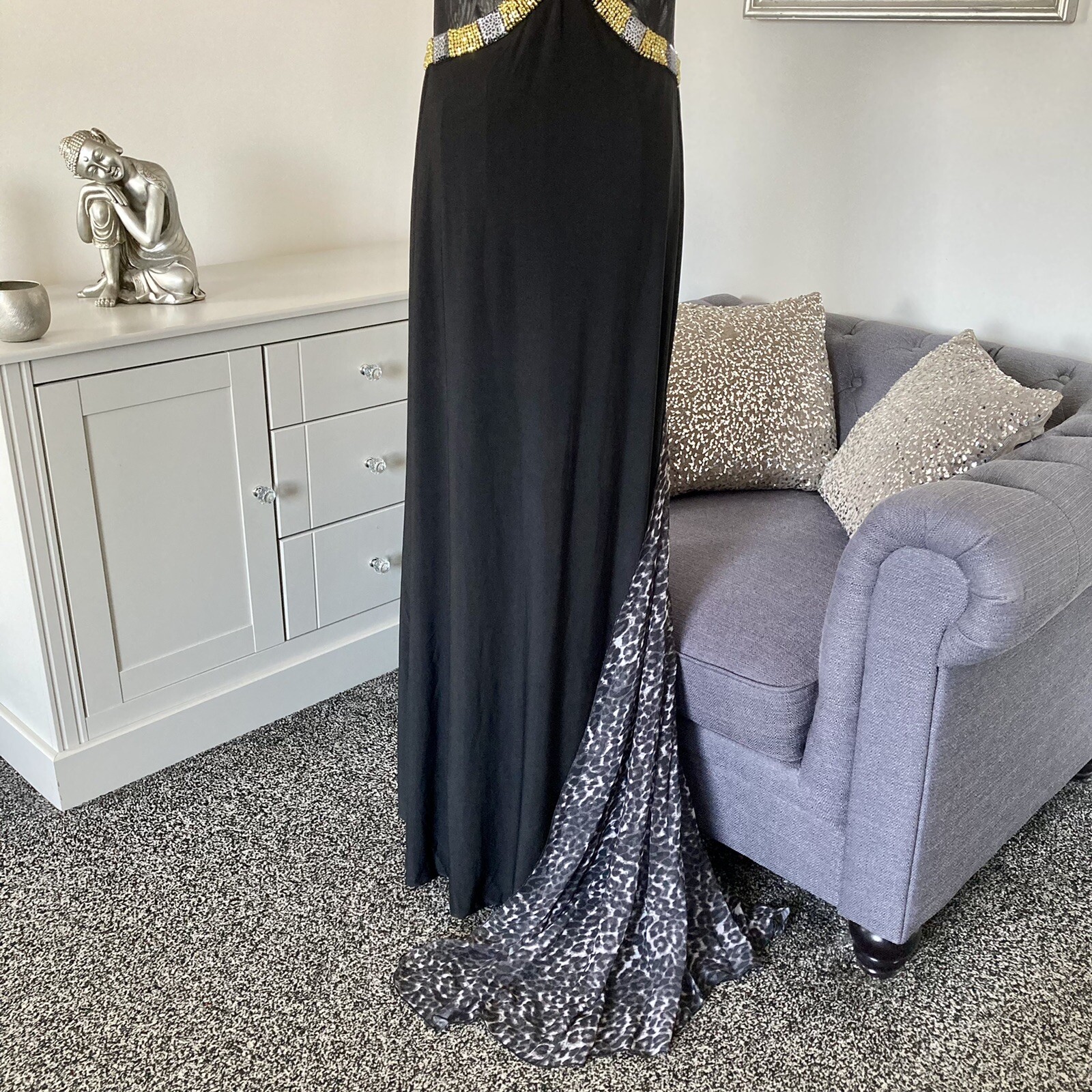 Grey Black Leopard Print Halter Prom Ball Cocktail Occasion Maxi Dress S 8-10