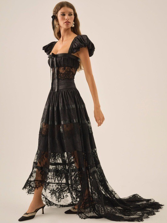 $749 NWT For Love And Lemons “Annabelle” Lace Maxi Dress in Black Sz 4