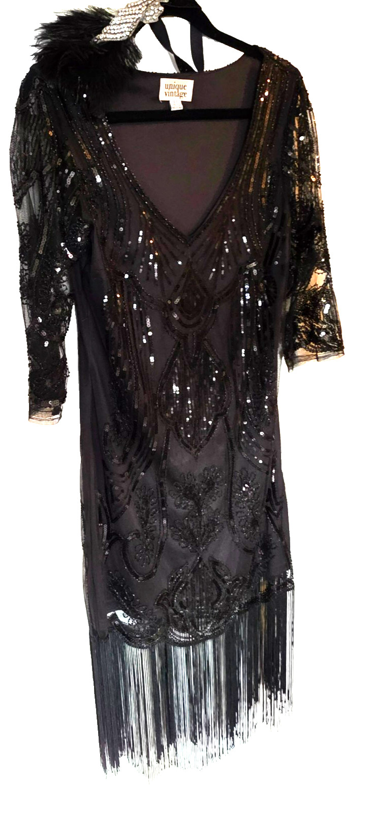 Unique Vintage L 10-12 Black Sequin Beaded Fringe Flapper Dress with Headband