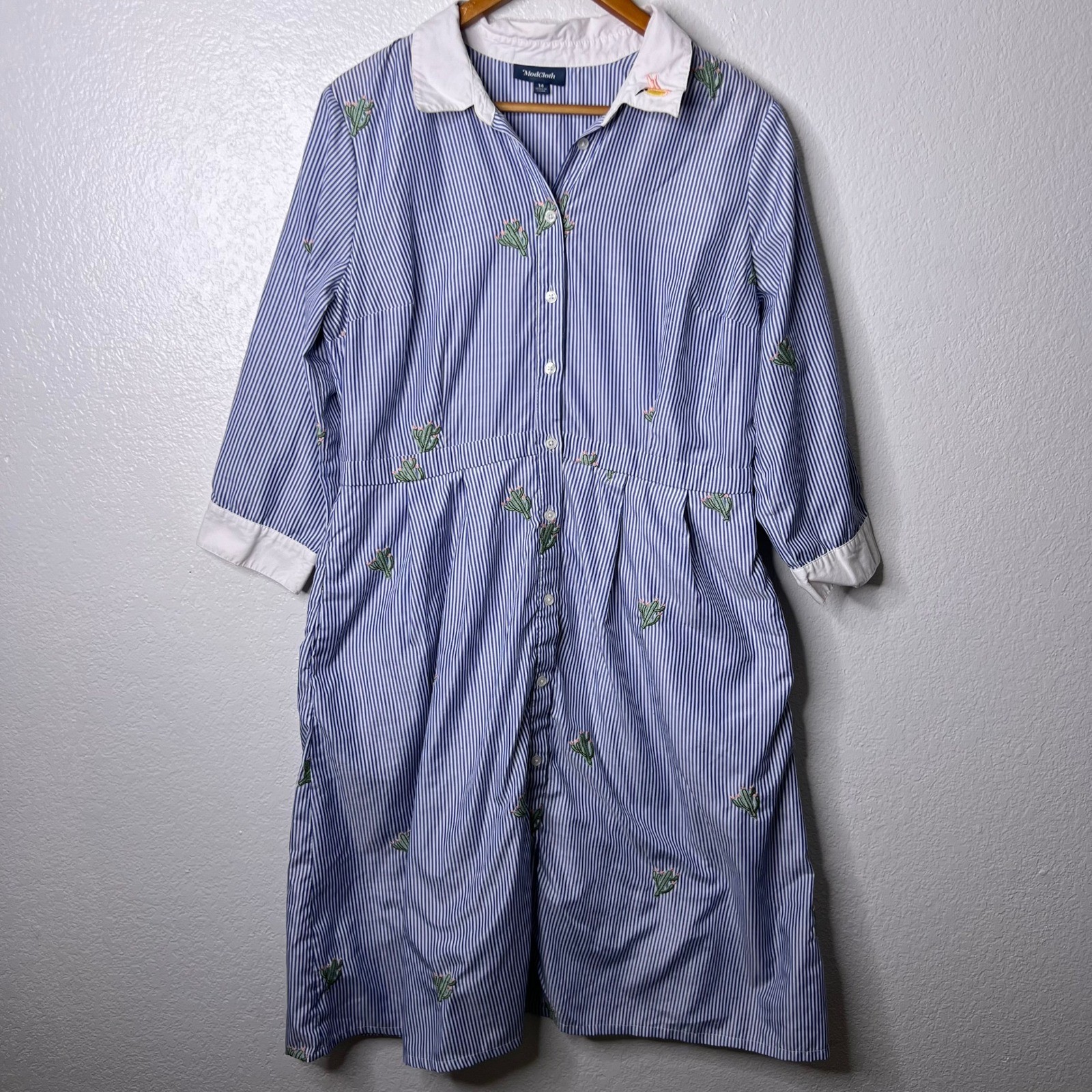ModCloth Striped Embroidered Cactus Hummingbird Button Front Shirt Dress 14