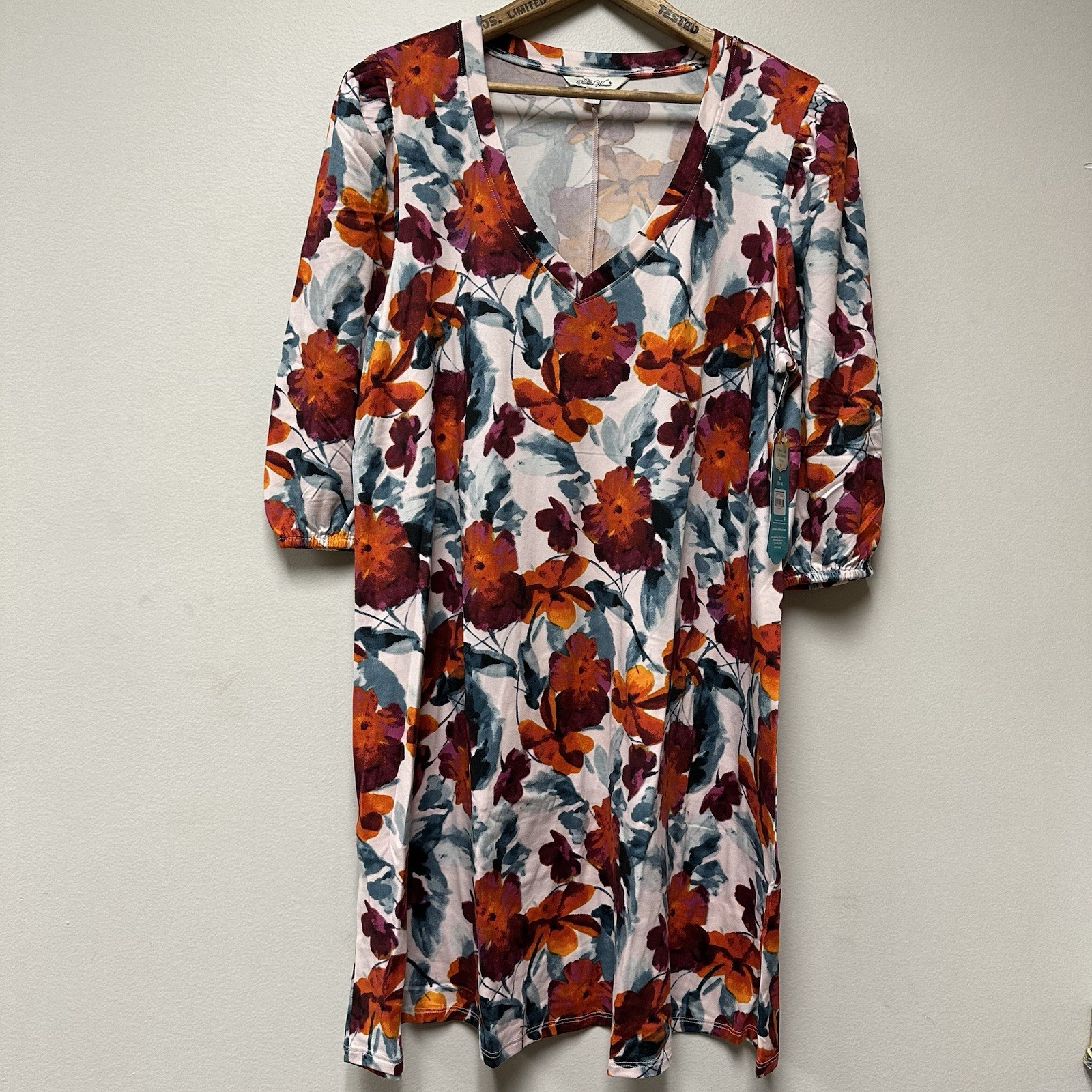 Pioneer Woman Womens XL 3/4 Puff Sleeve V-Neck Dress Watercolor New NWT