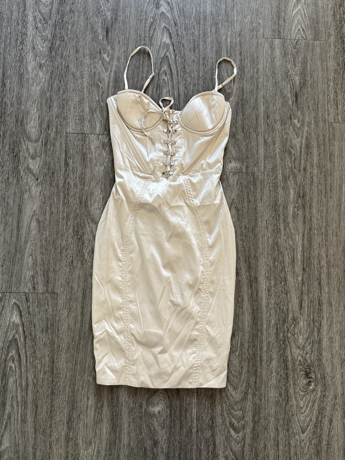 Oh Polly Corset Style Champagne Colored Midi Dress Women’s Size 6 US body con