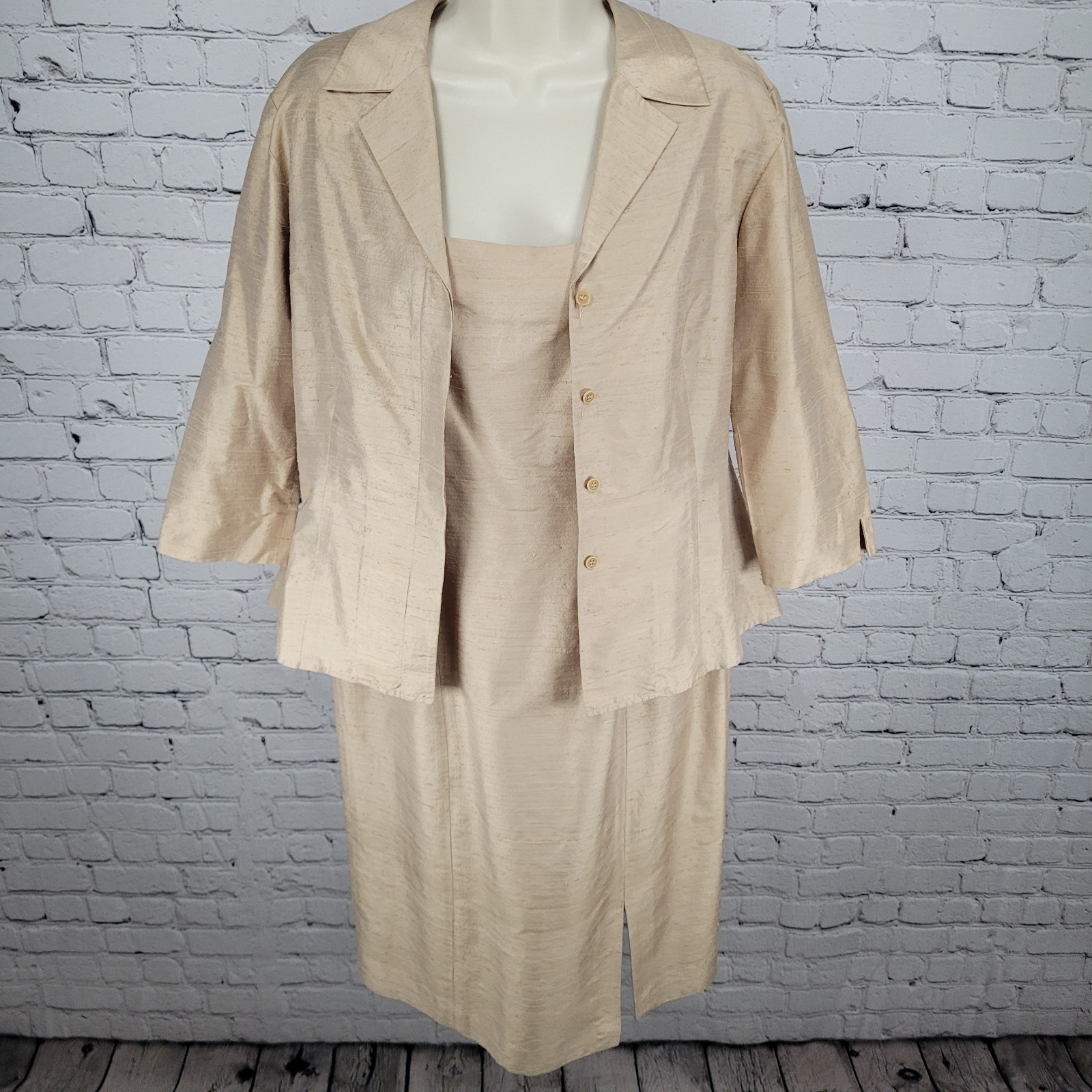 Finity Gold Beige 100% Silk Shirt Jacket & Dress Matching 2 Piece Set Size 8