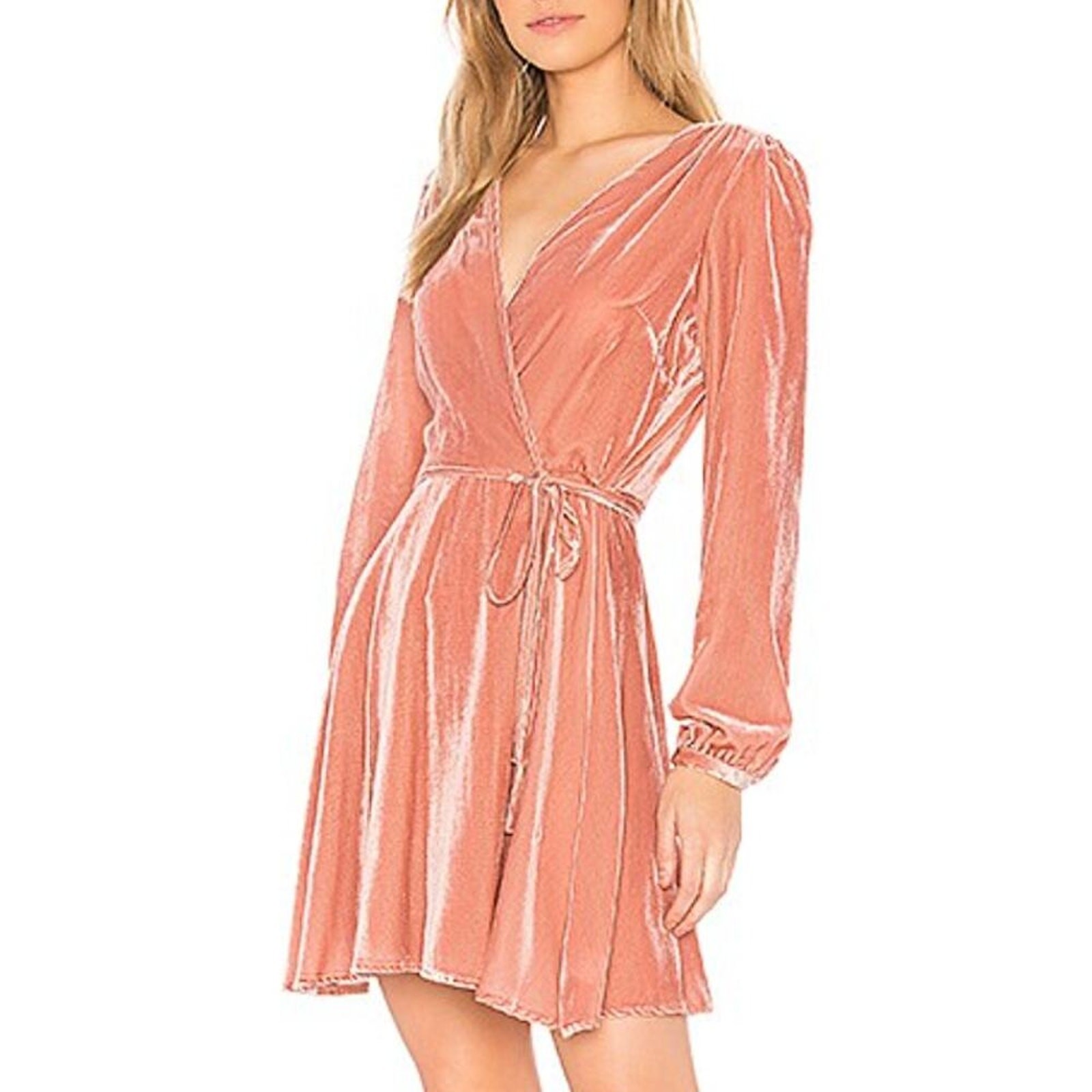 Yumi Kim Wrap Dress XS Pink Velvet Long Sleeve Dutchess Salmon Coral Flare
