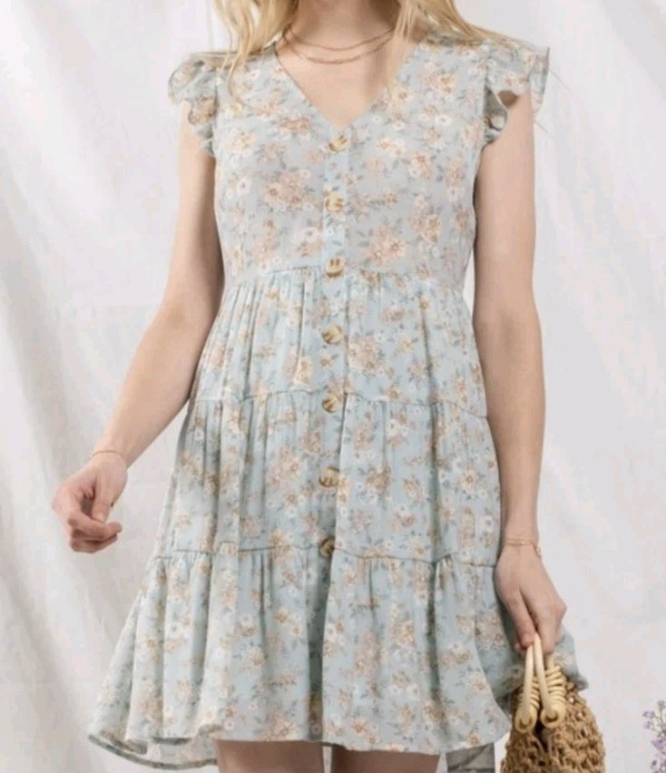 Sweet Wanderer Button Front Tiered All Over Floral A-Line Sun Dress Boho Size M