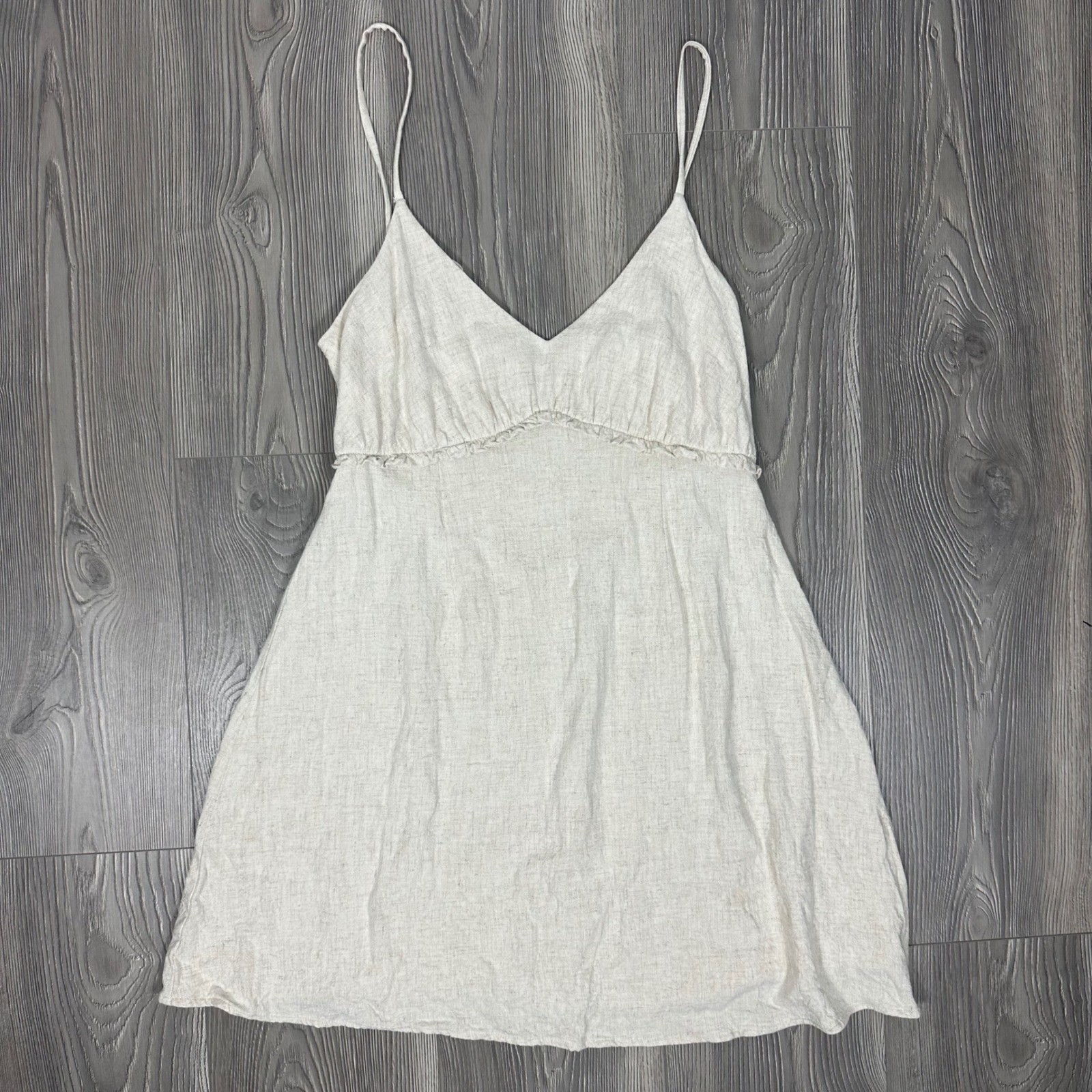 Beige Linen Like Mini Dress – SIZE L Strapless Summer Beach Vacation