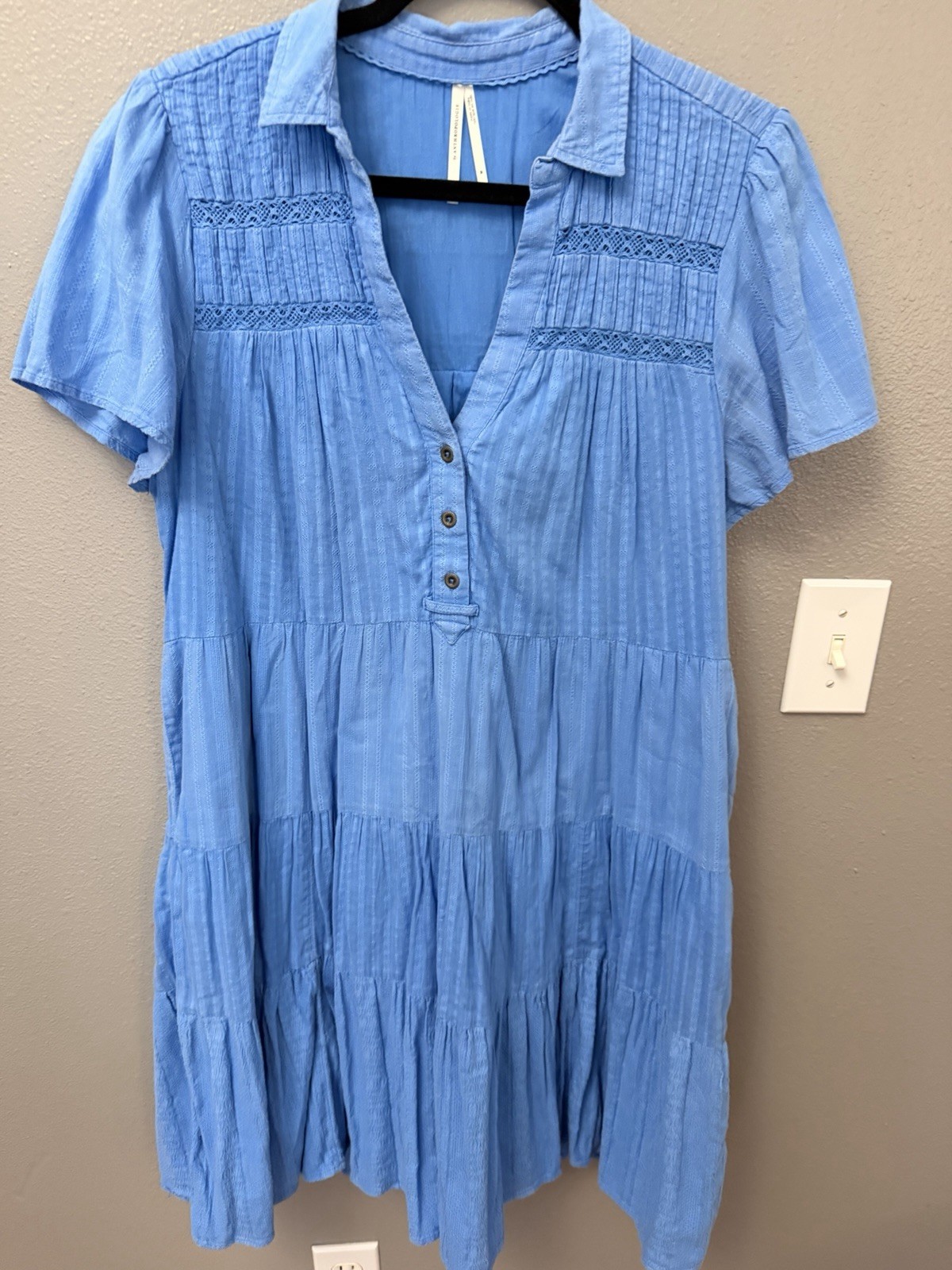 Anthropologie Blue Tiered Dress Medium Cotton Lace Boho Pockets Lined